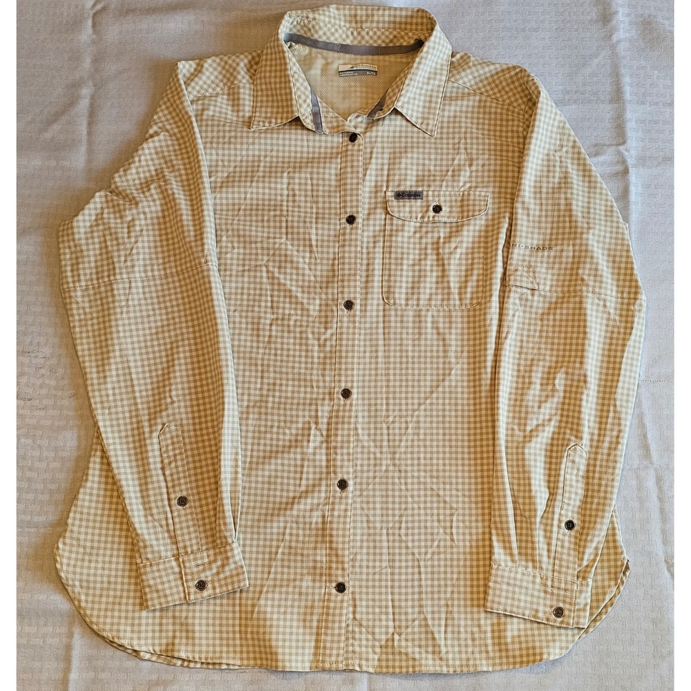 Columbia Button Up Shirt Mens XL Tan Gingham Omni-Shade Hiking Outdoor